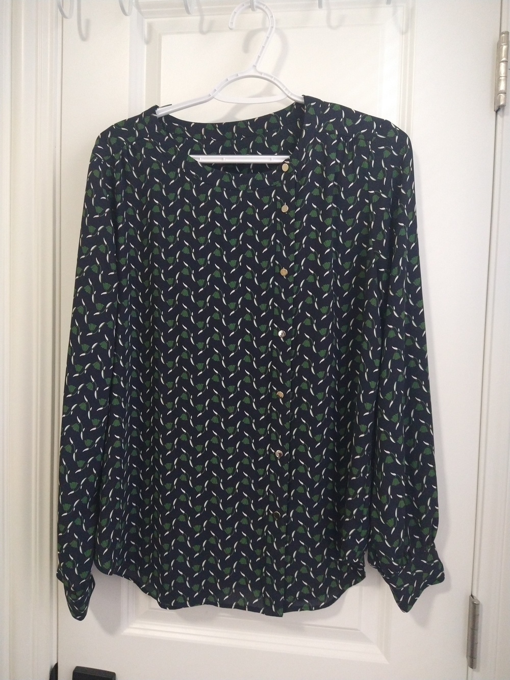 Ann Taylor Navy Button-Down Blouse with Green and White Leaf Print